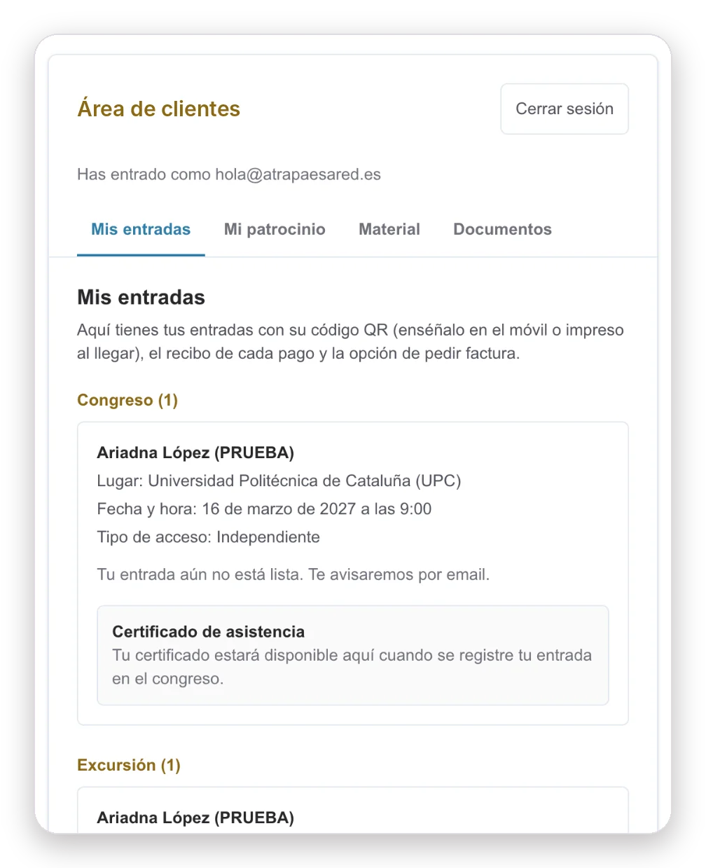 Portal de cliente: entradas de un asistente al congreso y aviso del certificado de asistencia.
