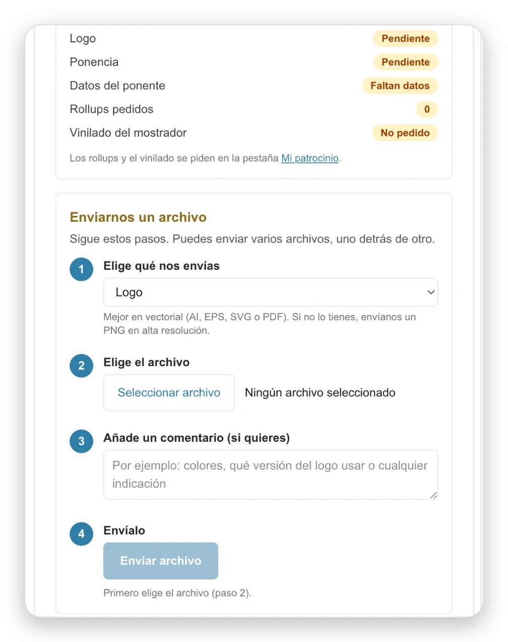 Portal de cliente: formulario de cuatro pasos para enviar un archivo a la organización.