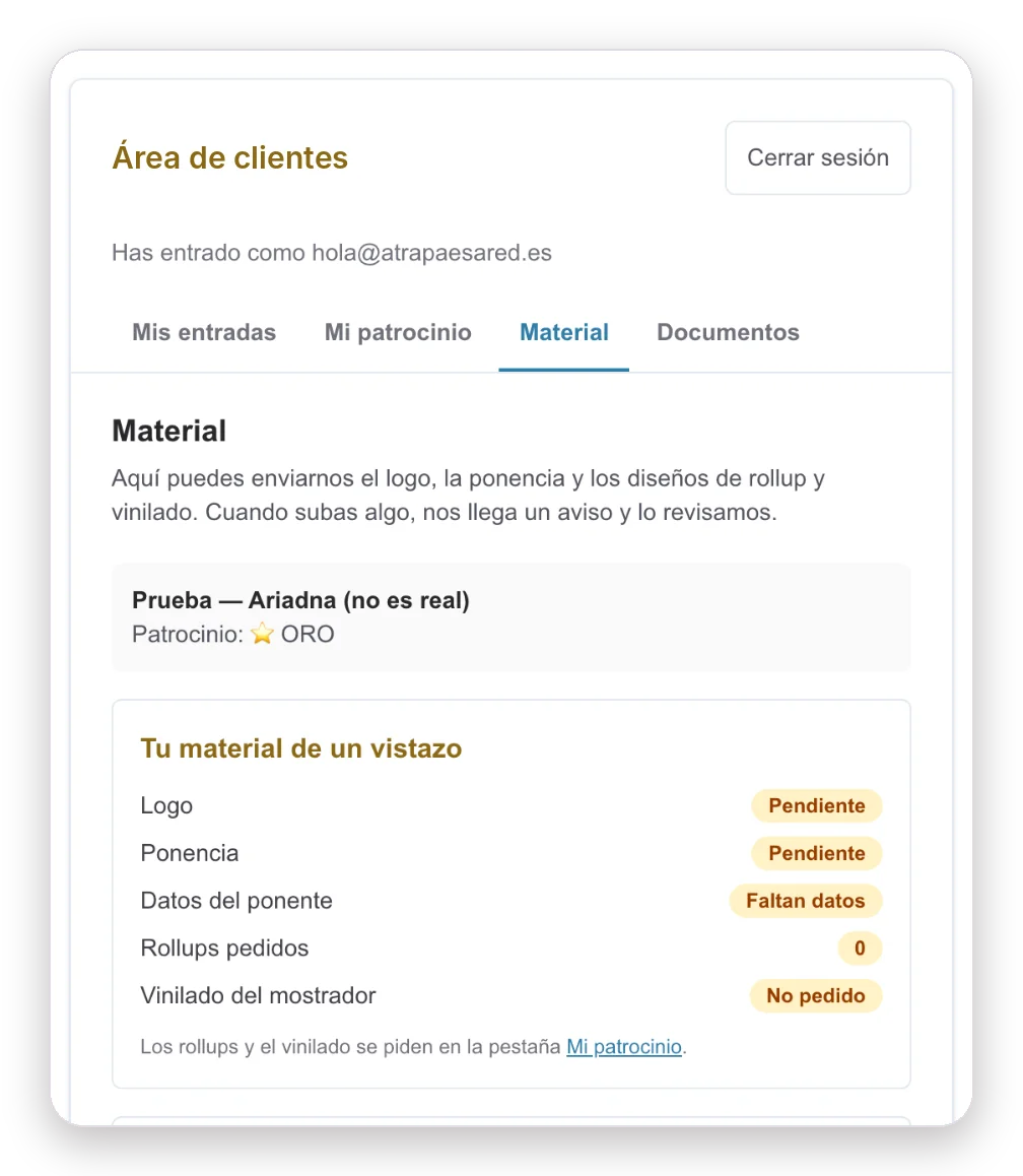 Portal de cliente: estado del material de un patrocinador, con el logo y la ponencia pendientes.