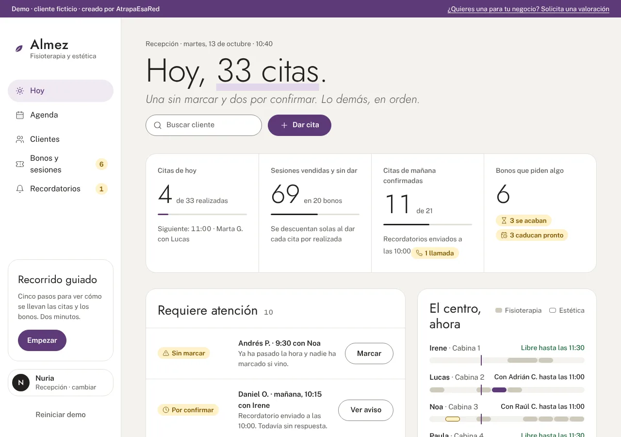 Pantalla «Hoy» de la aplicación Almez en ordenador: cuatro cifras del día, lo que requiere atención y el estado del centro en este momento.