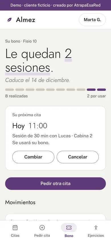 Portal del cliente en el móvil: las sesiones que quedan del bono, la próxima cita y el botón «Pedir otra cita».