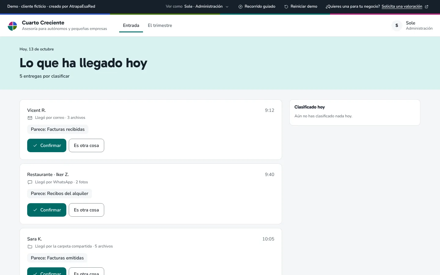 Pantalla «Lo que ha llegado hoy» en ordenador: entregas recibidas por distintos canales, cada una con su sugerencia y el botón «Confirmar».