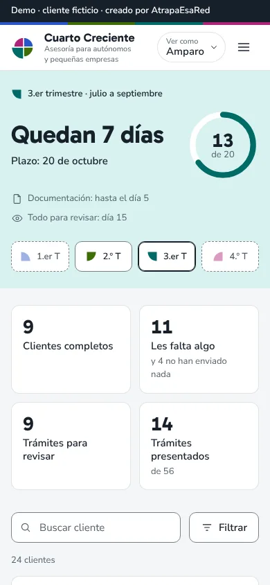 Pantalla de inicio en el móvil, con los días que quedan para el plazo, el selector de trimestre, los cuatro recuentos y el buscador de clientes.