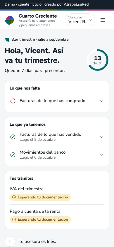 Pantalla «Tu trimestre» en el móvil: lo que le falta a un cliente, lo que ya ha enviado y el estado de sus trámites.