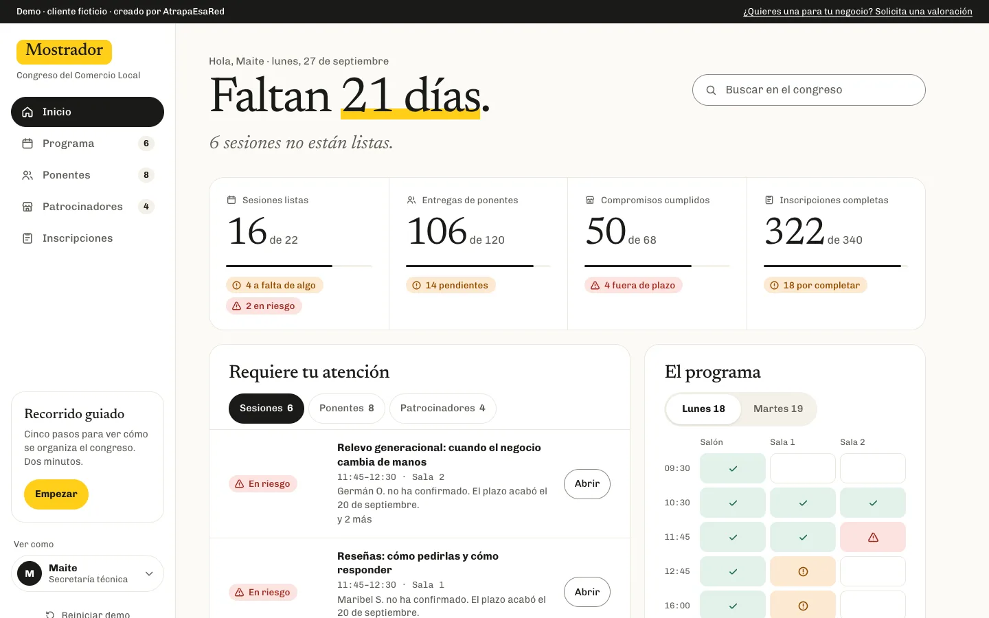 Pantalla de inicio de la aplicación Mostrador en ordenador: días que faltan para el congreso, cuatro cifras de resumen, lo que requiere atención y el programa con el estado de cada sesión.