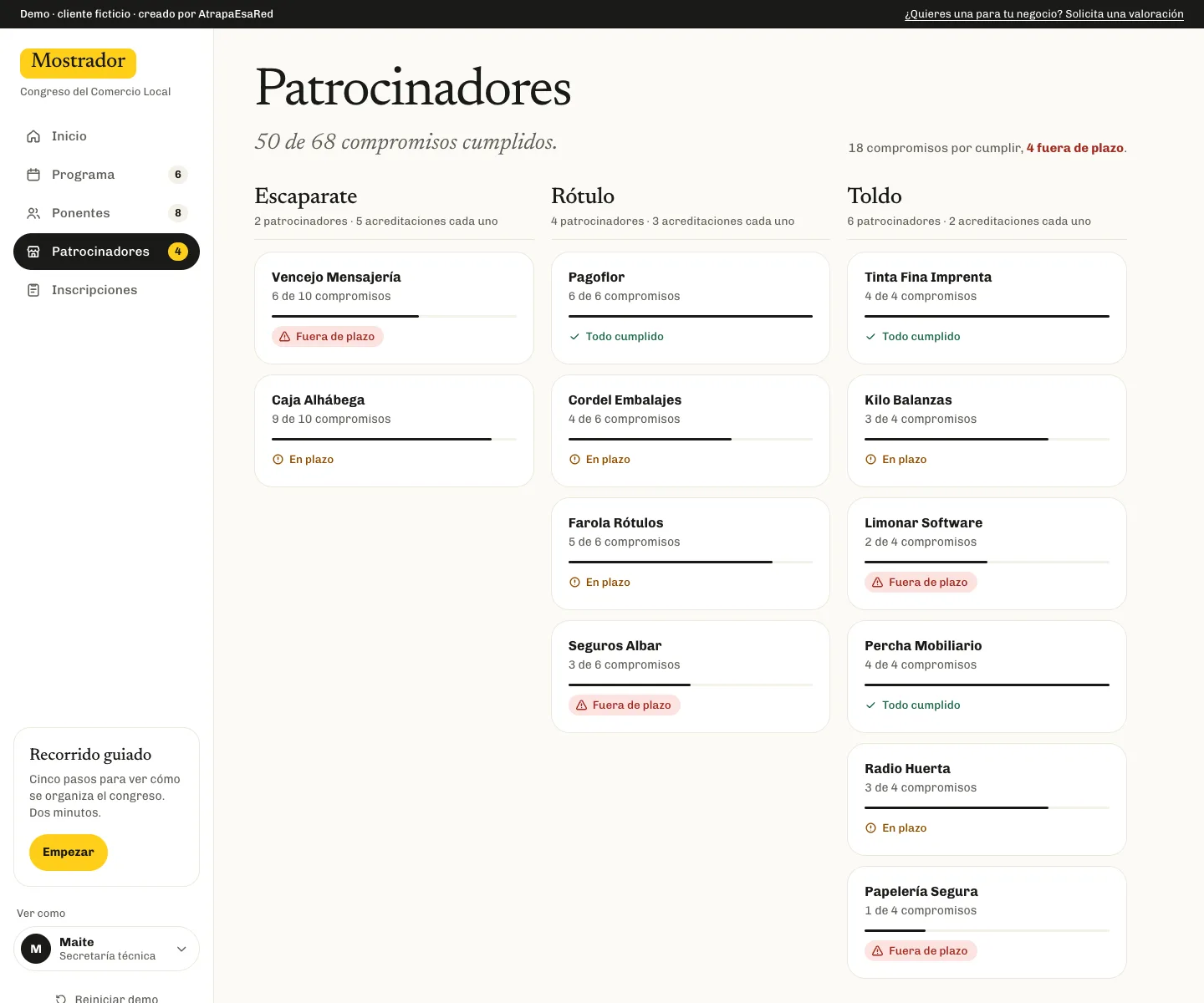 Lista de los 12 patrocinadores por nivel (Escaparate, Rótulo y Toldo), con los compromisos cumplidos de cada uno.