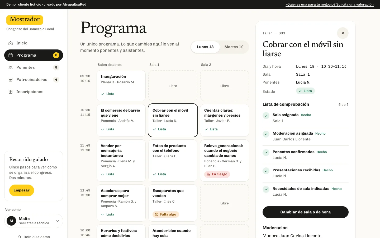 Programa del congreso en ordenador, con una sesión abierta que muestra su sala, los ponentes confirmados, la presentación recibida y la moderación.