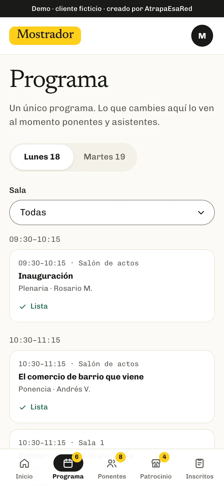Programa del congreso en el móvil, en lista por franjas horarias y con selector de sala.